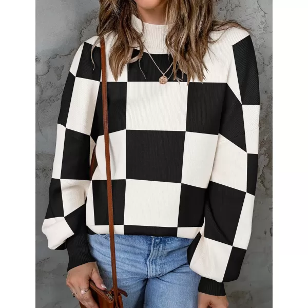 imageZESICA Womens 2023 Fall Fashion Turtleneck Long Sleeve Striped Ribbed Knit Loose Pullover Sweater TopsBlackplaid
