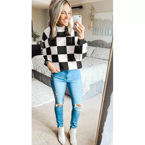 imageZESICA Womens 2023 Fall Fashion Turtleneck Long Sleeve Striped Ribbed Knit Loose Pullover Sweater TopsBlackplaid