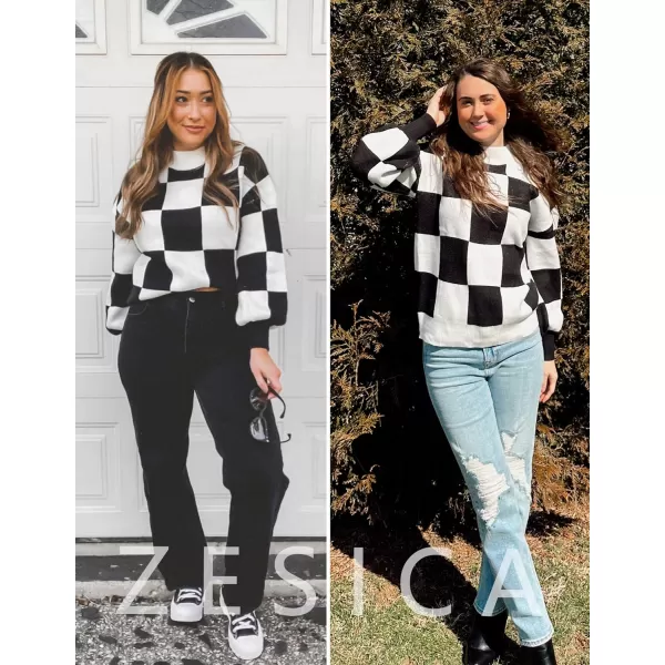 imageZESICA Womens 2023 Fall Fashion Turtleneck Long Sleeve Striped Ribbed Knit Loose Pullover Sweater TopsBlackplaid