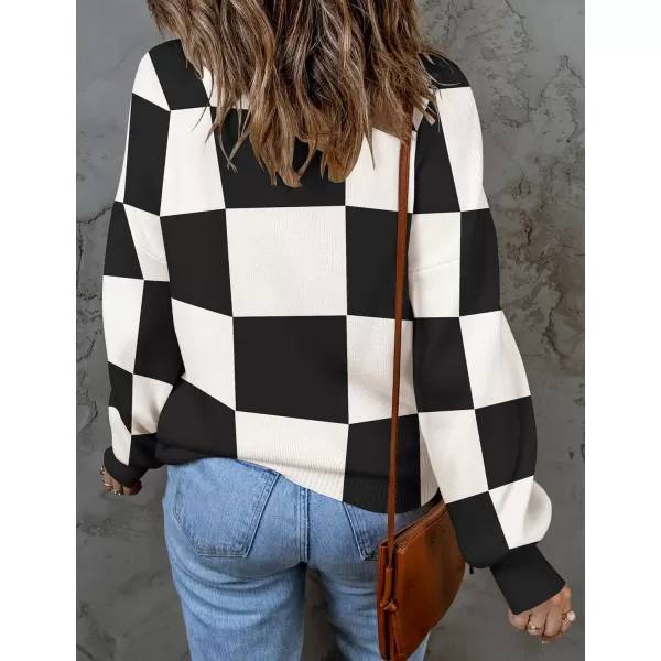 imageZESICA Womens 2023 Fall Fashion Turtleneck Long Sleeve Striped Ribbed Knit Loose Pullover Sweater TopsBlackplaid
