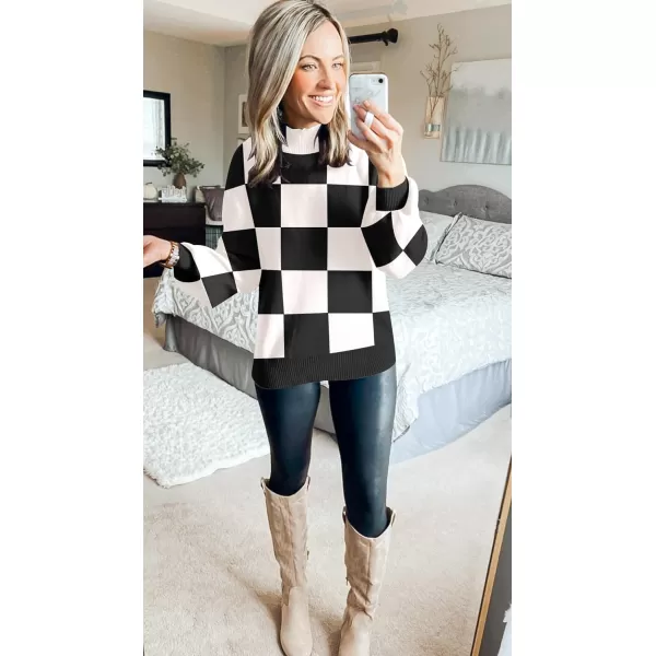 imageZESICA Womens 2023 Fall Fashion Turtleneck Long Sleeve Striped Ribbed Knit Loose Pullover Sweater TopsBlackplaid