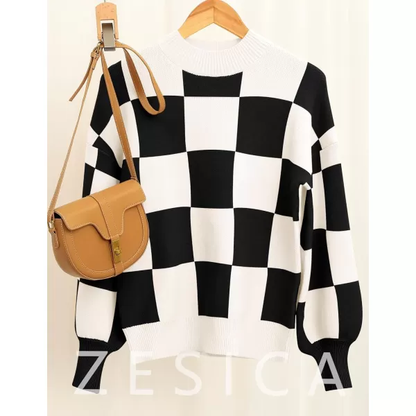 imageZESICA Womens 2023 Fall Fashion Turtleneck Long Sleeve Striped Ribbed Knit Loose Pullover Sweater TopsBlackplaid