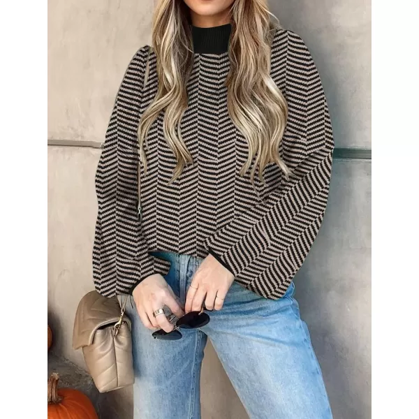 imageZESICA Womens 2023 Fall Fashion Turtleneck Long Sleeve Striped Ribbed Knit Loose Pullover Sweater TopsBrownstripe