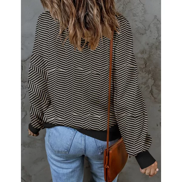 imageZESICA Womens 2023 Fall Fashion Turtleneck Long Sleeve Striped Ribbed Knit Loose Pullover Sweater TopsBrownstripe