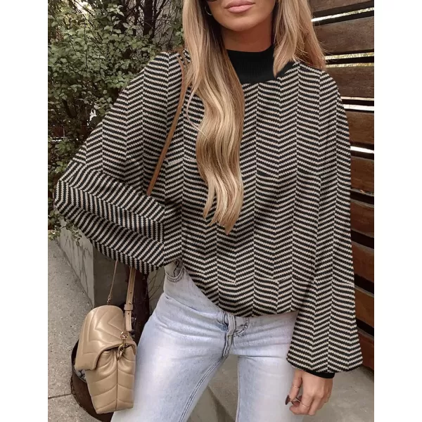 imageZESICA Womens 2023 Fall Fashion Turtleneck Long Sleeve Striped Ribbed Knit Loose Pullover Sweater TopsBrownstripe