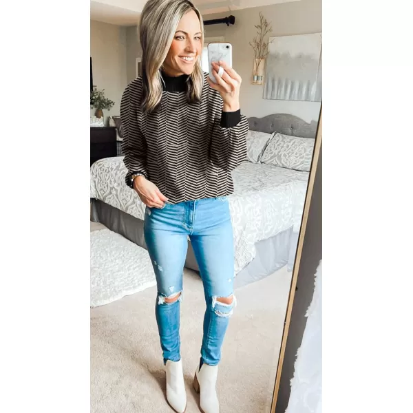 imageZESICA Womens 2023 Fall Fashion Turtleneck Long Sleeve Striped Ribbed Knit Loose Pullover Sweater TopsBrownstripe