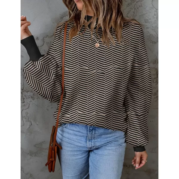 imageZESICA Womens 2023 Fall Fashion Turtleneck Long Sleeve Striped Ribbed Knit Loose Pullover Sweater TopsBrownstripe