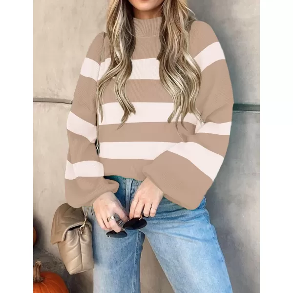 imageZESICA Womens 2023 Fall Fashion Turtleneck Long Sleeve Striped Ribbed Knit Loose Pullover Sweater TopsCamel