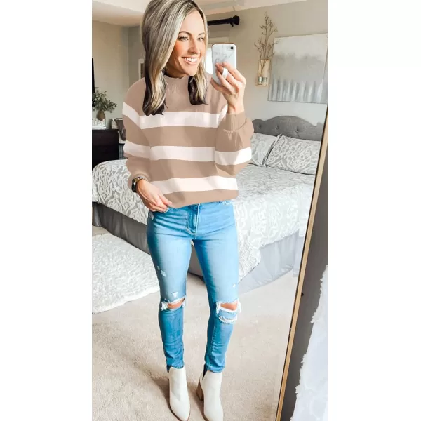 imageZESICA Womens 2023 Fall Fashion Turtleneck Long Sleeve Striped Ribbed Knit Loose Pullover Sweater TopsCamel
