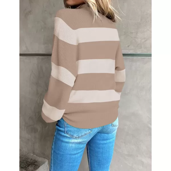imageZESICA Womens 2023 Fall Fashion Turtleneck Long Sleeve Striped Ribbed Knit Loose Pullover Sweater TopsCamel