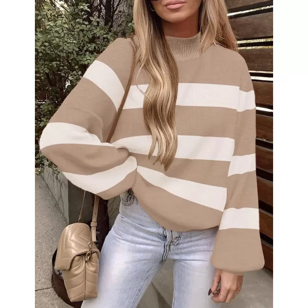 imageZESICA Womens 2023 Fall Fashion Turtleneck Long Sleeve Striped Ribbed Knit Loose Pullover Sweater TopsCamel