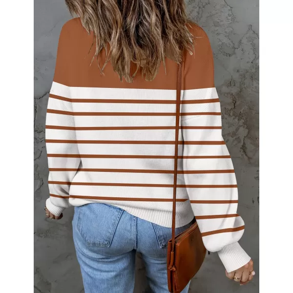 imageZESICA Womens 2023 Fall Fashion Turtleneck Long Sleeve Striped Ribbed Knit Loose Pullover Sweater TopsCaramel