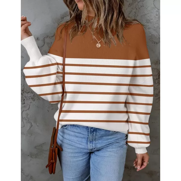 imageZESICA Womens 2023 Fall Fashion Turtleneck Long Sleeve Striped Ribbed Knit Loose Pullover Sweater TopsCaramel