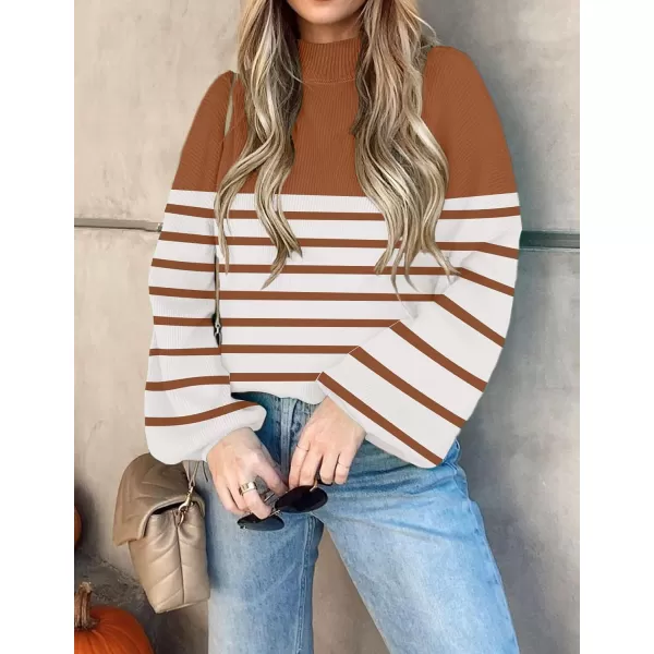 imageZESICA Womens 2023 Fall Fashion Turtleneck Long Sleeve Striped Ribbed Knit Loose Pullover Sweater TopsCaramel