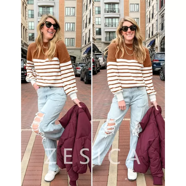imageZESICA Womens 2023 Fall Fashion Turtleneck Long Sleeve Striped Ribbed Knit Loose Pullover Sweater TopsCaramel