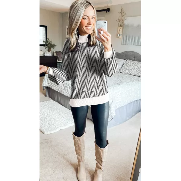 imageZESICA Womens 2023 Fall Fashion Turtleneck Long Sleeve Striped Ribbed Knit Loose Pullover Sweater TopsCarbon