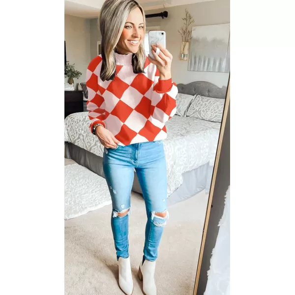 imageZESICA Womens 2023 Fall Fashion Turtleneck Long Sleeve Striped Ribbed Knit Loose Pullover Sweater TopsCoral