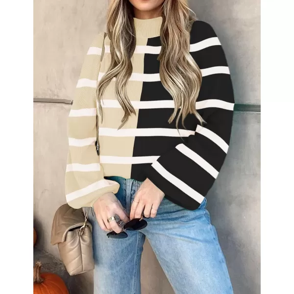 imageZESICA Womens 2023 Fall Fashion Turtleneck Long Sleeve Striped Ribbed Knit Loose Pullover Sweater TopsCream