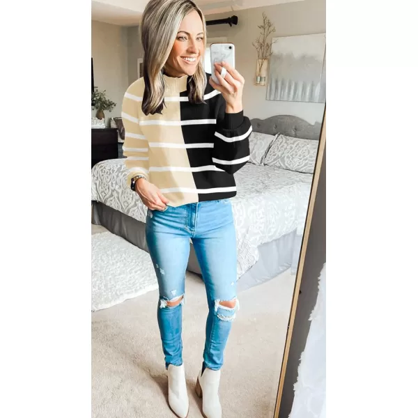 imageZESICA Womens 2023 Fall Fashion Turtleneck Long Sleeve Striped Ribbed Knit Loose Pullover Sweater TopsCream
