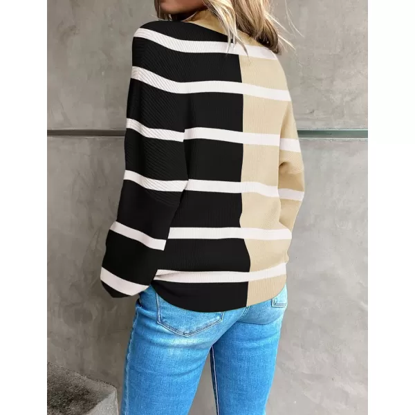 imageZESICA Womens 2023 Fall Fashion Turtleneck Long Sleeve Striped Ribbed Knit Loose Pullover Sweater TopsCream