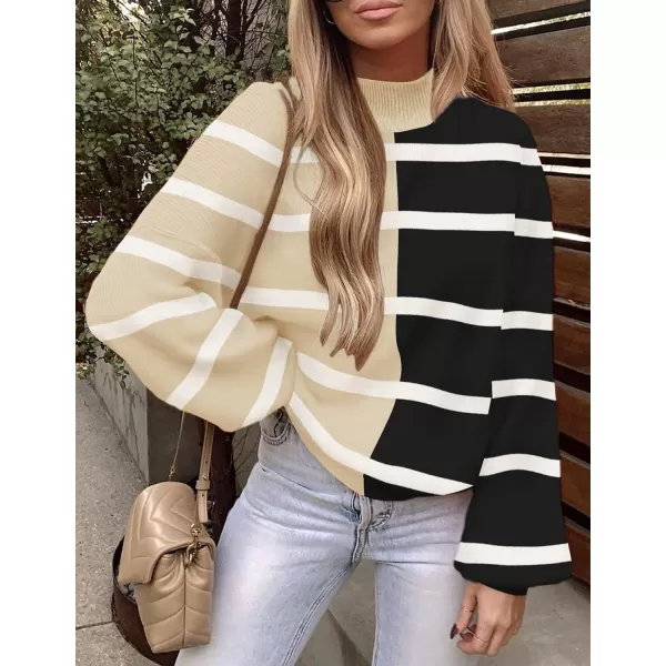 imageZESICA Womens 2023 Fall Fashion Turtleneck Long Sleeve Striped Ribbed Knit Loose Pullover Sweater TopsCream