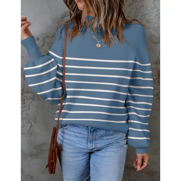 imageZESICA Womens 2023 Fall Fashion Turtleneck Long Sleeve Striped Ribbed Knit Loose Pullover Sweater TopsDarkblue
