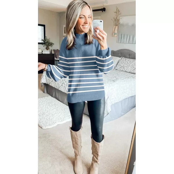 imageZESICA Womens 2023 Fall Fashion Turtleneck Long Sleeve Striped Ribbed Knit Loose Pullover Sweater TopsDarkblue