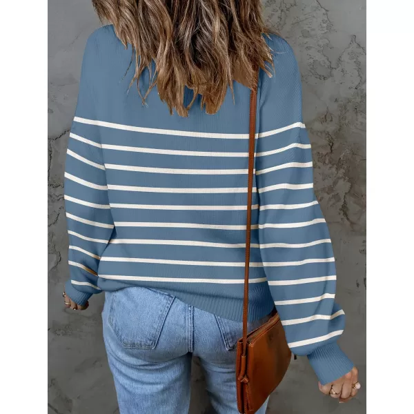 imageZESICA Womens 2023 Fall Fashion Turtleneck Long Sleeve Striped Ribbed Knit Loose Pullover Sweater TopsDarkblue