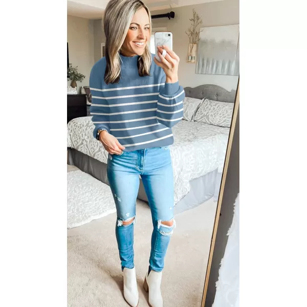 imageZESICA Womens 2023 Fall Fashion Turtleneck Long Sleeve Striped Ribbed Knit Loose Pullover Sweater TopsDarkblue