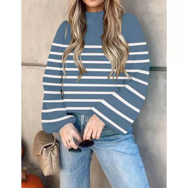 imageZESICA Womens 2023 Fall Fashion Turtleneck Long Sleeve Striped Ribbed Knit Loose Pullover Sweater TopsDarkblue