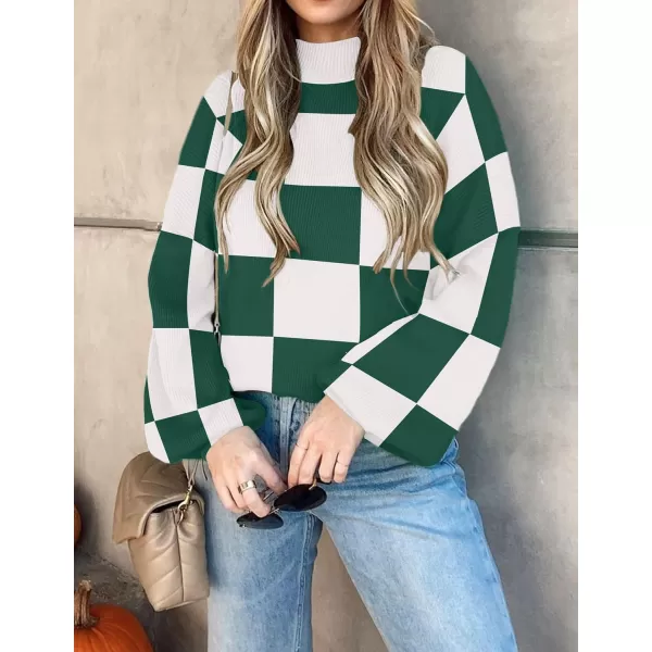 imageZESICA Womens 2023 Fall Fashion Turtleneck Long Sleeve Striped Ribbed Knit Loose Pullover Sweater TopsDarkgreenplaid