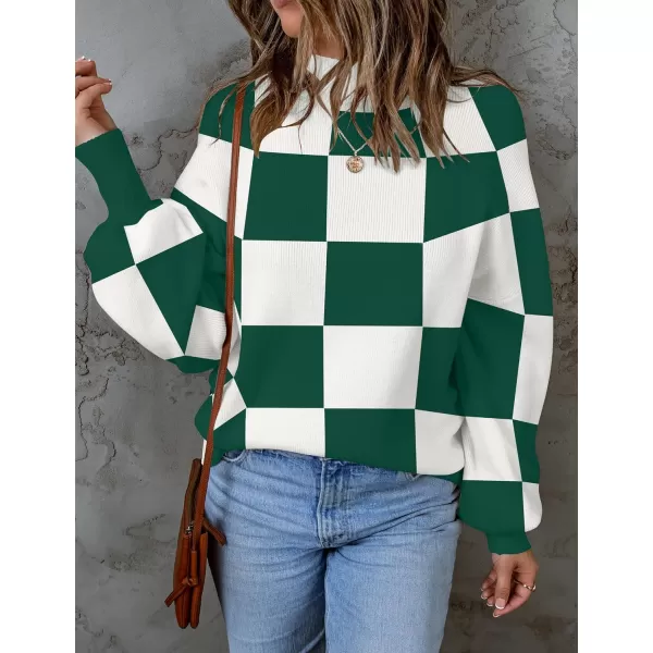 imageZESICA Womens 2023 Fall Fashion Turtleneck Long Sleeve Striped Ribbed Knit Loose Pullover Sweater TopsDarkgreenplaid