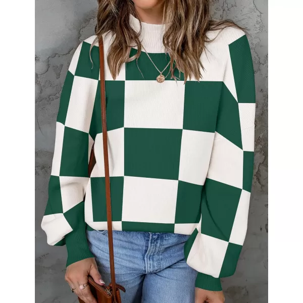 imageZESICA Womens 2023 Fall Fashion Turtleneck Long Sleeve Striped Ribbed Knit Loose Pullover Sweater TopsDarkgreenplaid