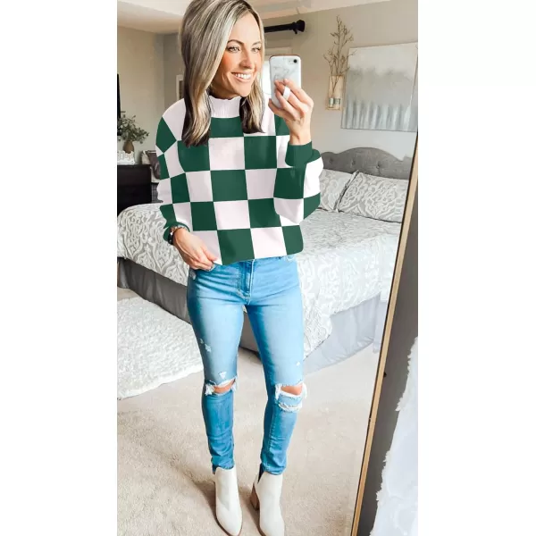 imageZESICA Womens 2023 Fall Fashion Turtleneck Long Sleeve Striped Ribbed Knit Loose Pullover Sweater TopsDarkgreenplaid