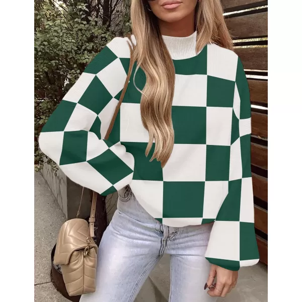 imageZESICA Womens 2023 Fall Fashion Turtleneck Long Sleeve Striped Ribbed Knit Loose Pullover Sweater TopsDarkgreenplaid