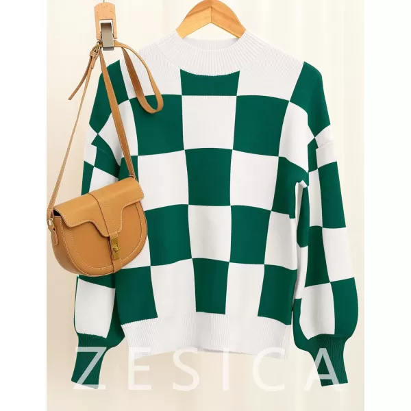 imageZESICA Womens 2023 Fall Fashion Turtleneck Long Sleeve Striped Ribbed Knit Loose Pullover Sweater TopsDarkgreenplaid
