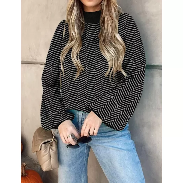 imageZESICA Womens 2023 Fall Fashion Turtleneck Long Sleeve Striped Ribbed Knit Loose Pullover Sweater TopsDim