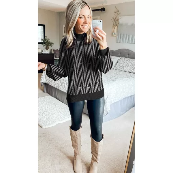 imageZESICA Womens 2023 Fall Fashion Turtleneck Long Sleeve Striped Ribbed Knit Loose Pullover Sweater TopsDim