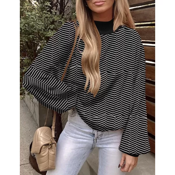 imageZESICA Womens 2023 Fall Fashion Turtleneck Long Sleeve Striped Ribbed Knit Loose Pullover Sweater TopsDim