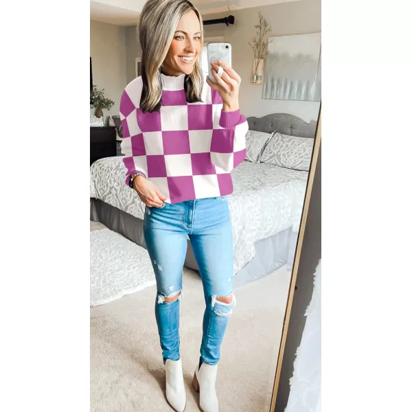 imageZESICA Womens 2023 Fall Fashion Turtleneck Long Sleeve Striped Ribbed Knit Loose Pullover Sweater TopsEggplant