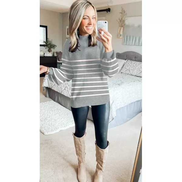 imageZESICA Womens 2023 Fall Fashion Turtleneck Long Sleeve Striped Ribbed Knit Loose Pullover Sweater TopsGrey