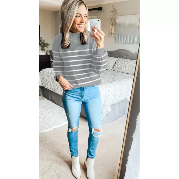 imageZESICA Womens 2023 Fall Fashion Turtleneck Long Sleeve Striped Ribbed Knit Loose Pullover Sweater TopsGrey