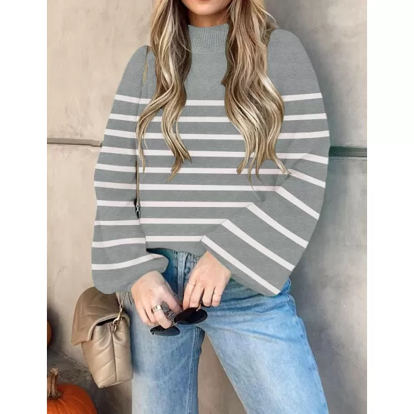 imageZESICA Womens 2023 Fall Fashion Turtleneck Long Sleeve Striped Ribbed Knit Loose Pullover Sweater TopsGrey
