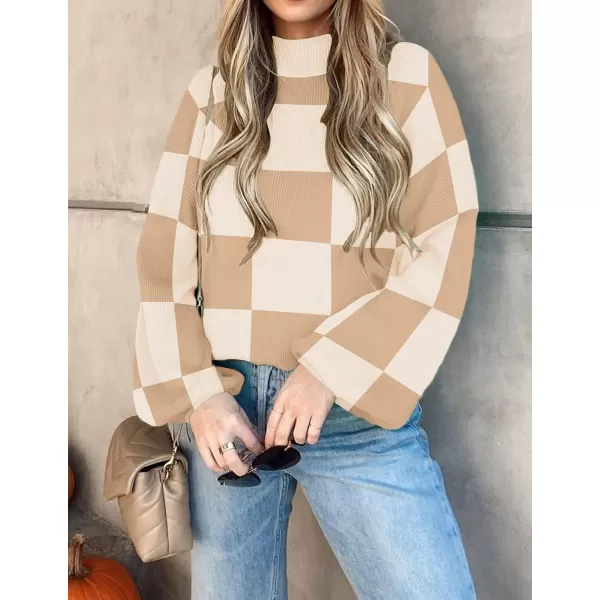 imageZESICA Womens 2023 Fall Fashion Turtleneck Long Sleeve Striped Ribbed Knit Loose Pullover Sweater TopsKhakiplaid