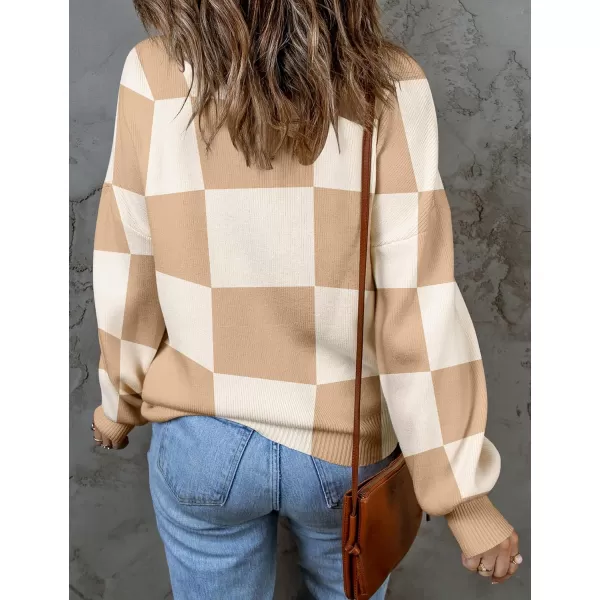 imageZESICA Womens 2023 Fall Fashion Turtleneck Long Sleeve Striped Ribbed Knit Loose Pullover Sweater TopsKhakiplaid