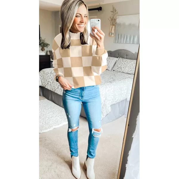 imageZESICA Womens 2023 Fall Fashion Turtleneck Long Sleeve Striped Ribbed Knit Loose Pullover Sweater TopsKhakiplaid