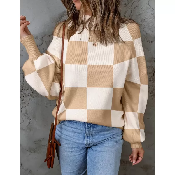 imageZESICA Womens 2023 Fall Fashion Turtleneck Long Sleeve Striped Ribbed Knit Loose Pullover Sweater TopsKhakiplaid