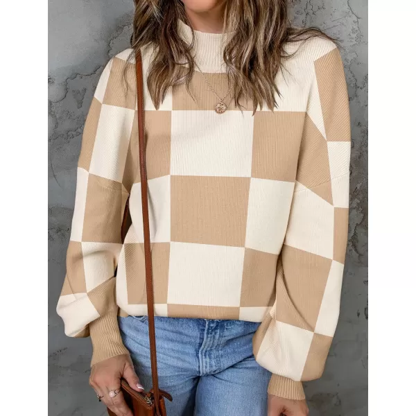 imageZESICA Womens 2023 Fall Fashion Turtleneck Long Sleeve Striped Ribbed Knit Loose Pullover Sweater TopsKhakiplaid