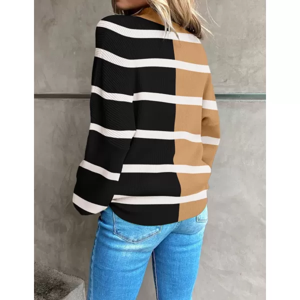 imageZESICA Womens 2023 Fall Fashion Turtleneck Long Sleeve Striped Ribbed Knit Loose Pullover Sweater TopsLightkhaki