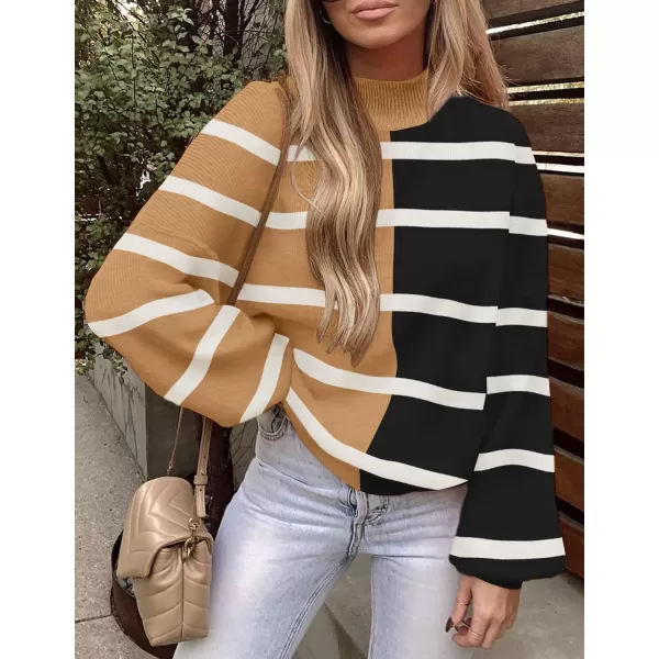 imageZESICA Womens 2023 Fall Fashion Turtleneck Long Sleeve Striped Ribbed Knit Loose Pullover Sweater TopsLightkhaki